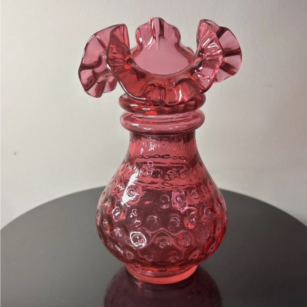 Vintage Fenton Ruby Overlay Cranberry Glass Vase Optic Dot Ruffled Crimped Rim